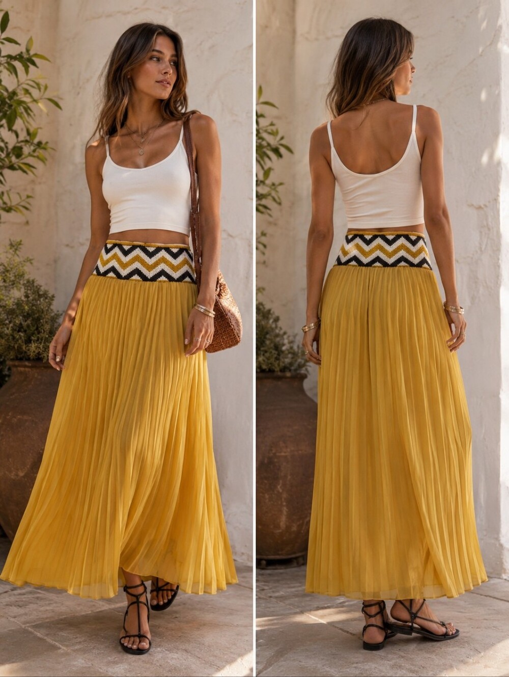 Anthropologie Dear Creatures Pleated Chevron Maxi Skirt Boho Cottagecore M